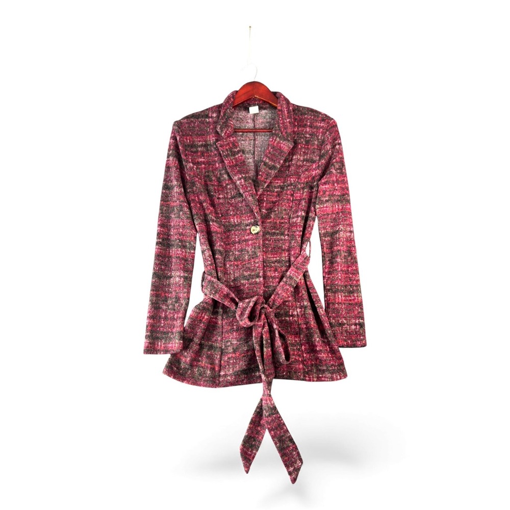 GIBIU USA Women's Blazer Jacket Pants Set Large L Pink‎ Tweed Belted Suit